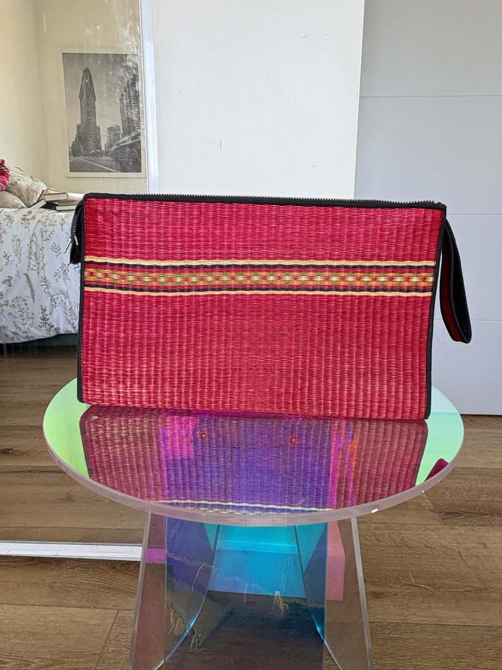 Red Woven Zip-Top Clutch with Multicolor Center Stripe